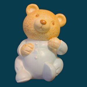 Baby Bear Piggy Coin Bank 1986 Ceramic Light Blue Jumper Vintage Avon